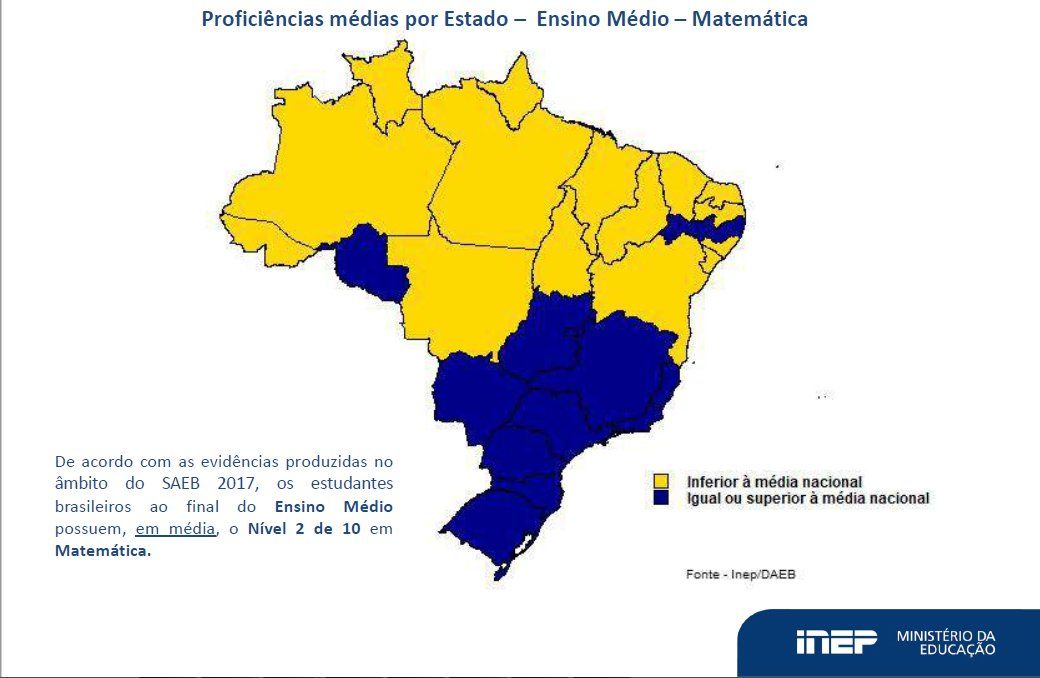 Mapa do Brasil mostra os resultados de proficiência média nacional em Matemática no Saeb