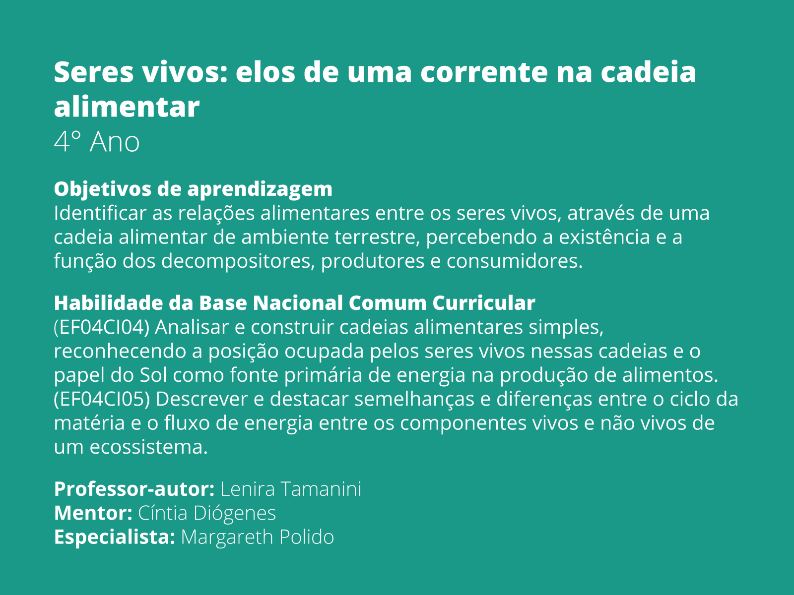 Plano de Aula - 4º Ano - Seres vivos: elos de uma corrente na