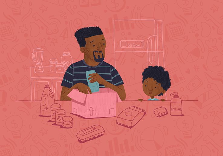 Ilustração de pai e filho tirando produtos de cozinha de dentro de uma caixa.