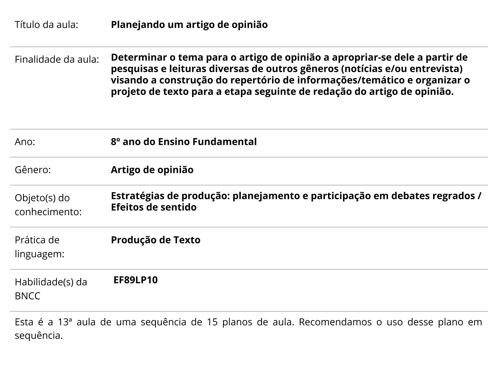 Plano de aula - 8º ano - Planejando um artigo de opinião