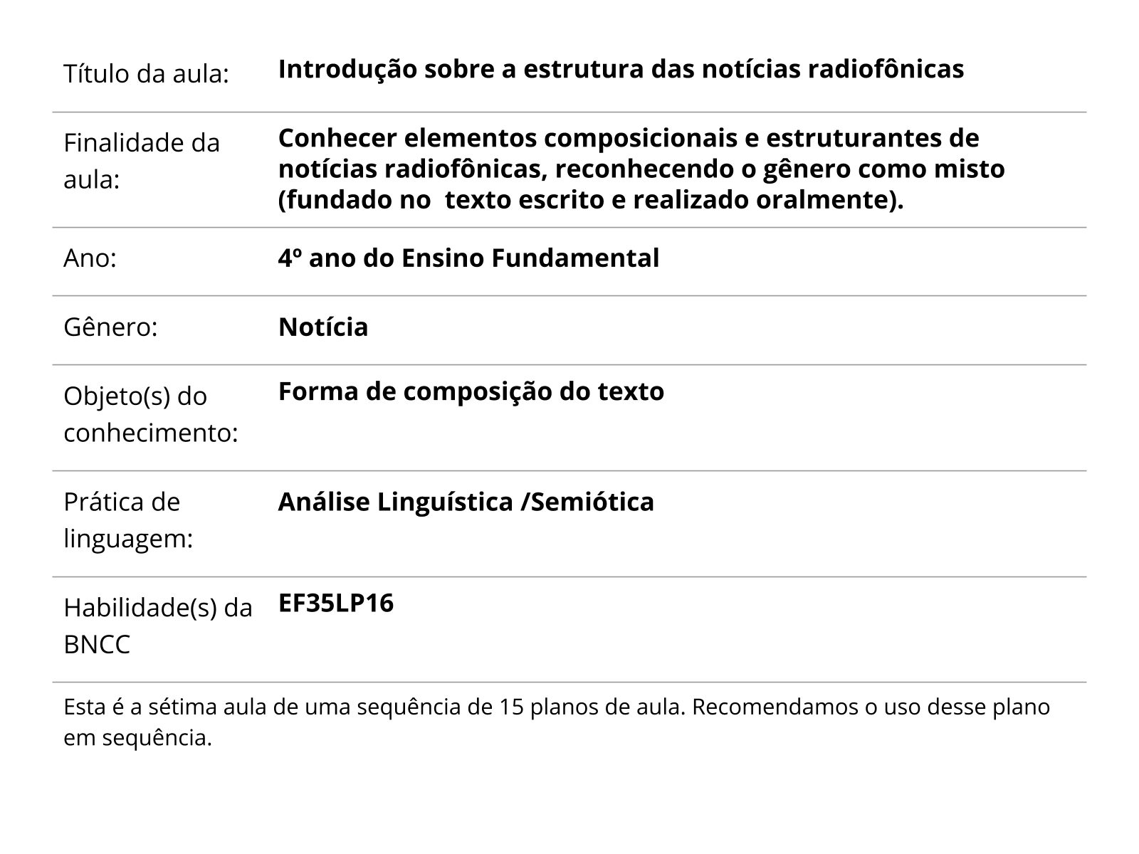 Plano de aula - 4º ano - Meios de Comunicação: a voz da música