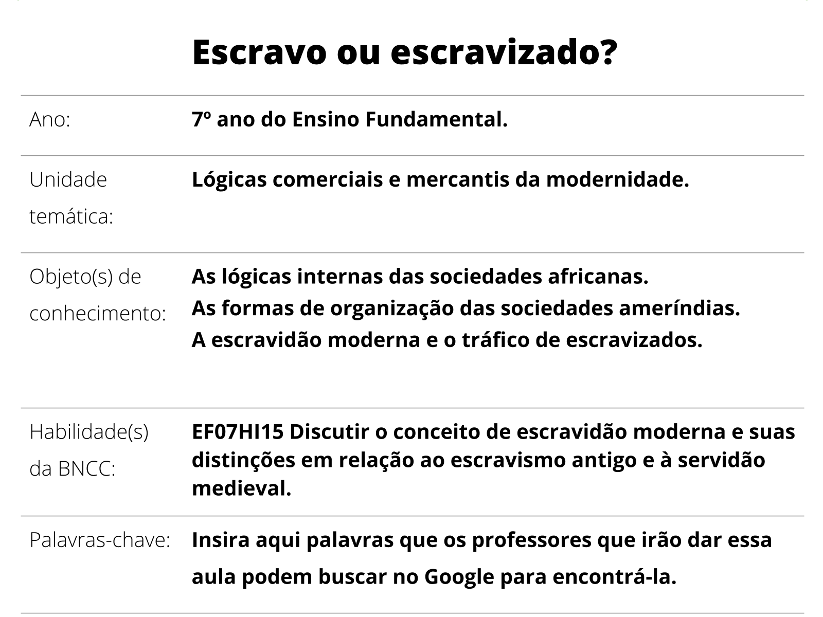 Plano de aula - 7º ano - A servidão medieval e a escravidão moderna