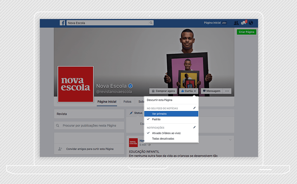 Reprodução da fan page da nova escola no facebook com a indicação de apertar o botão "curtiu" e "ver primeiro"
