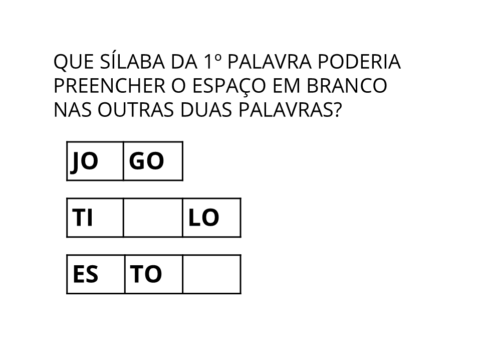 Que sílaba da primeira palavra poderia preencher o espaço em branco nas outras duas palavras?