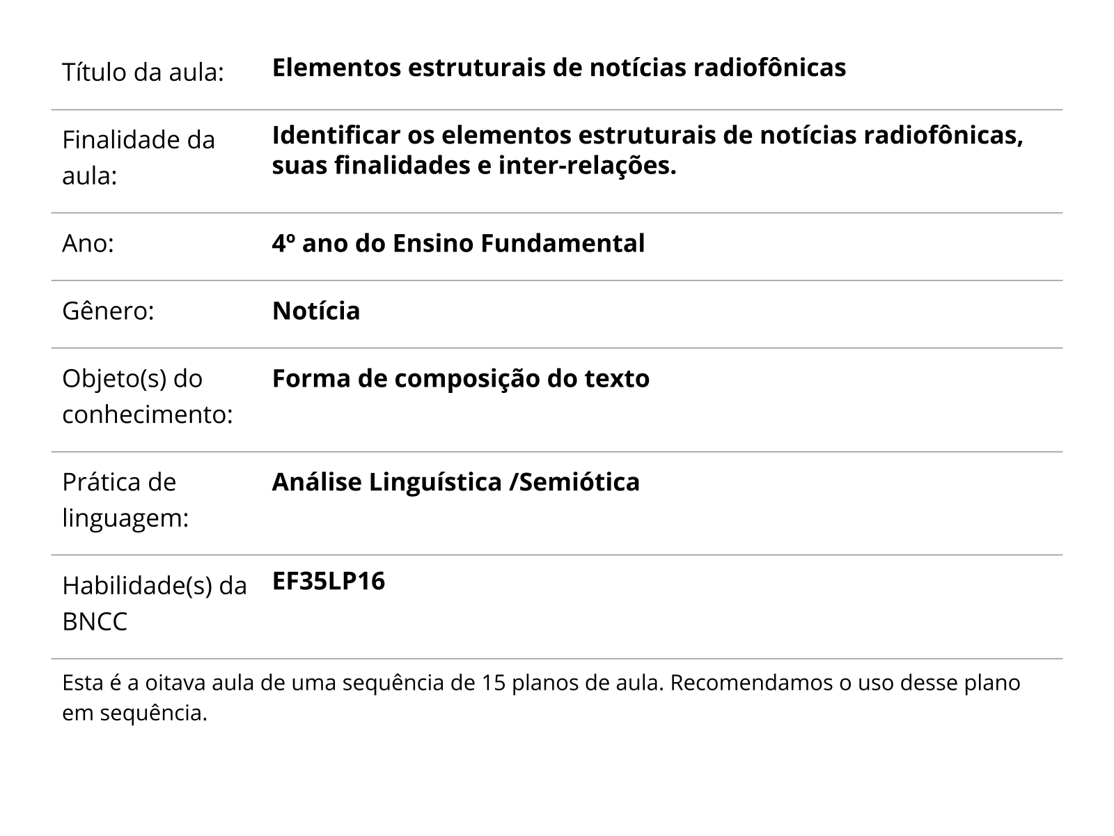 Plano de aula - 4º ano - Meios de Comunicação: a voz da música