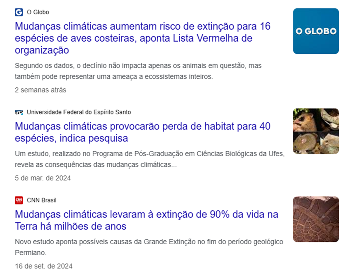 Print sobre busca no google pelo tema mudanças climáticas e extinção de espécies.