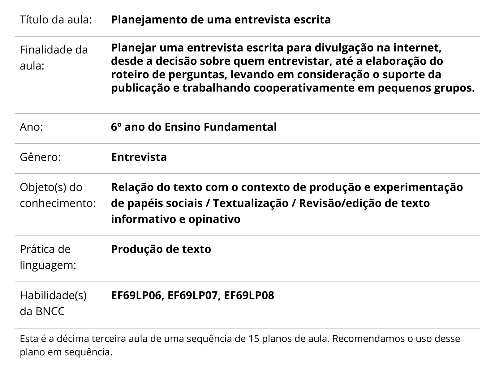 Planejamento de uma entrevista escrita - Planos de aula - 6º ano - Língua  Portuguesa