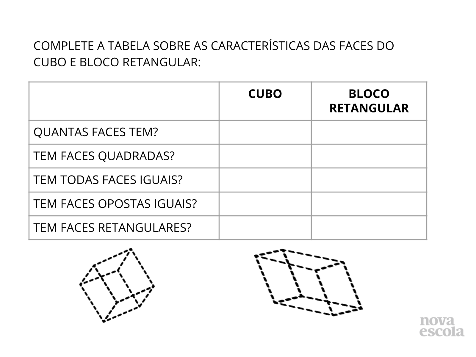 Características de cubo e bloco retangular - Planos de aula - 1º ano
