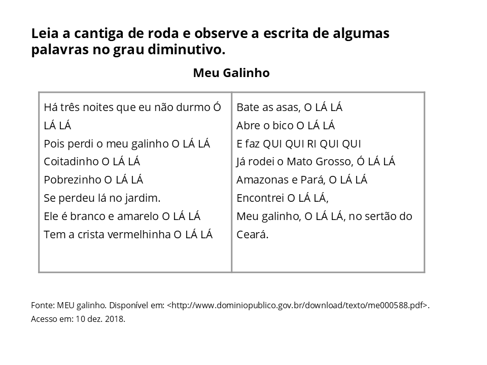 Leia a cantiga de roda e observe a escrita de algumas palavras no grau diminutivo. Meu galinho.