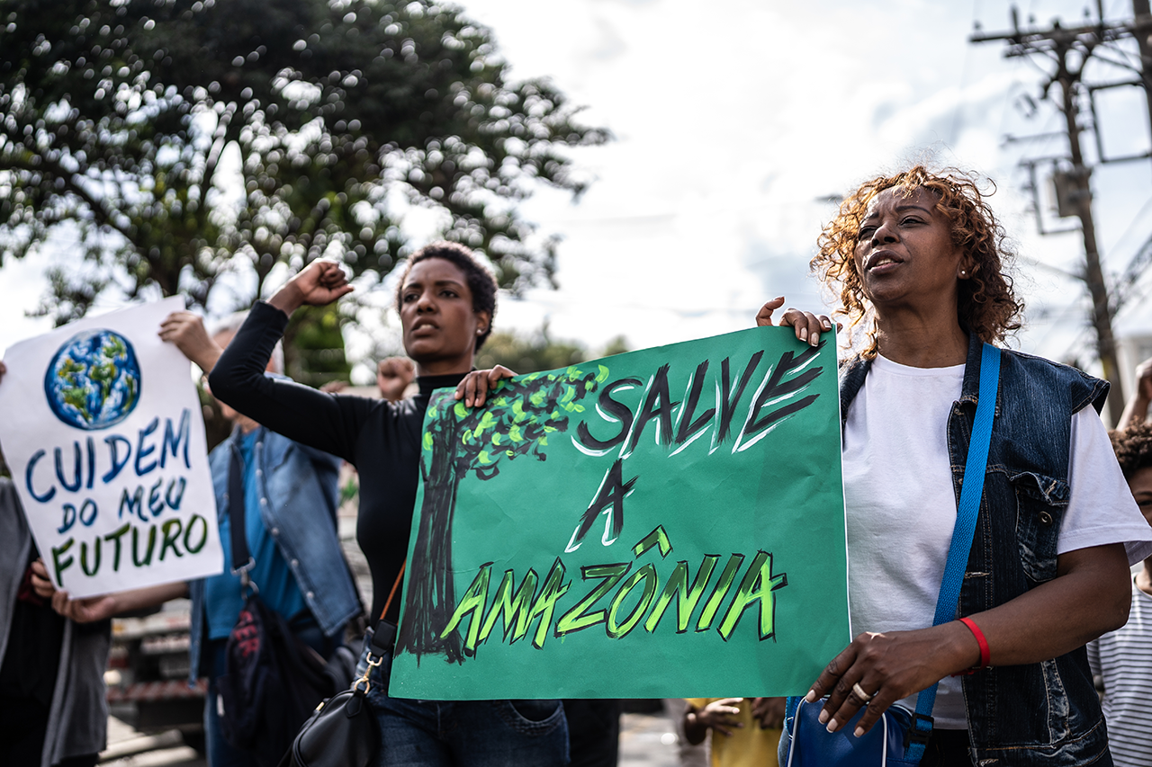 Grupo de manifestantes em passeata sobre proteção ao meio ambiente.