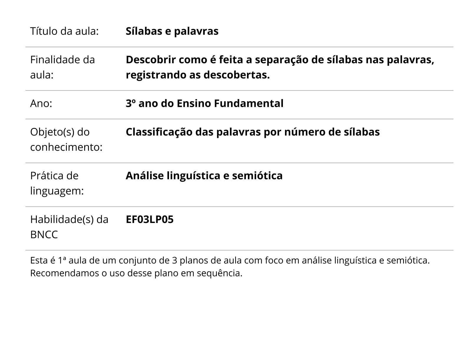 Plano de Aula - 3º Ano - Critérios para classificar objetos