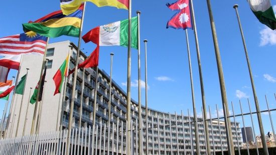 Vista lateral da sede da Unesco, em Paris, em que pode-se ver parte do prédio construído em formato semi-cicular e as bandeiras de 10 países