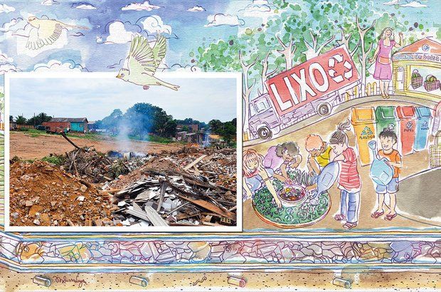 Os estudantes da EE Heitor Villa-Lobos sugeriram o fim dos lixões e a reciclagem. Fotos Mateus Andrade/Imagem News. Ilustração Melissa Lagôa