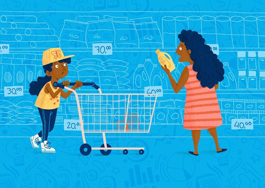 Ilustração de aluno e sua mãe fazendo compras no mercado.