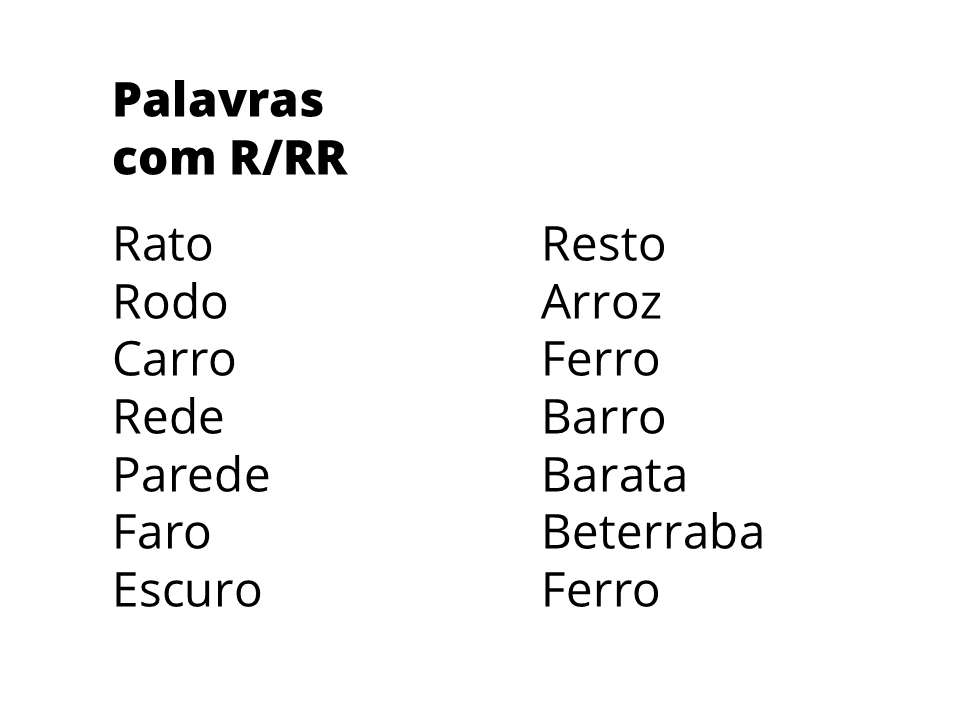 Palavras com R/RR: rato, rodo, carro, rede, parede, faro, escuro, resto, arroz, ferro, barro, barata, beterraba.