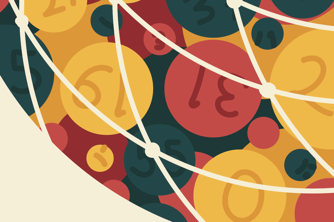 Ilustração de Duda Oliva sobre jogos matemáticos mostra em detalhe as bolas numeradas dentro de um globo de sorteio de bingo