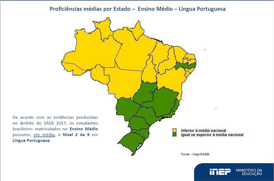 Mapa do Brasil mostra resultados para Língua Portuguesa no Ensino Médio- Saeb
