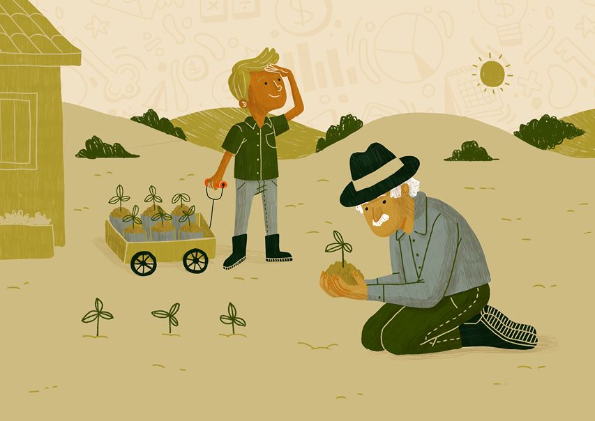Ilustração de um homem mais velho e outro mais jovem, plantando algumas mudas de plantas.