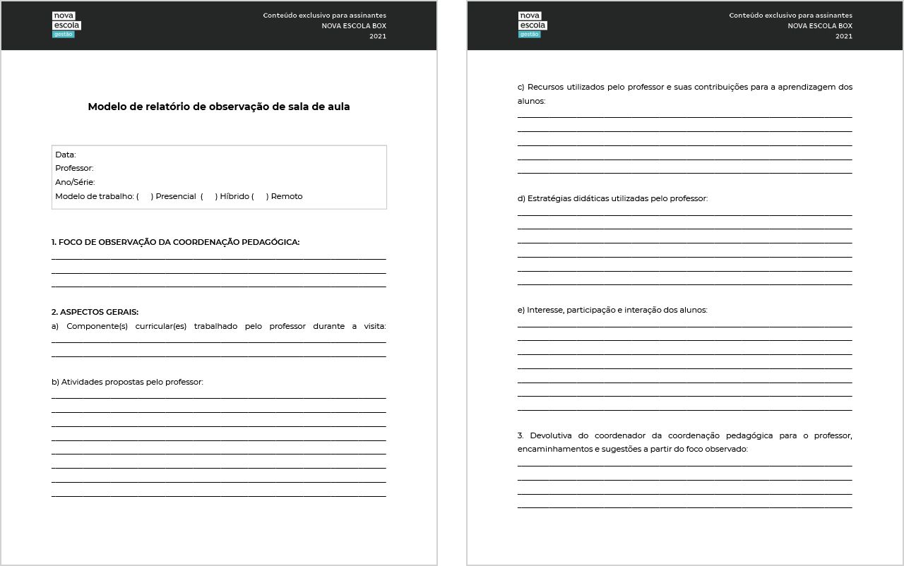 Páginas 1 e 2 do modelo de relatório de observação de sala de aula.