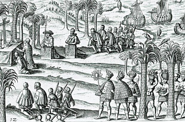 Os padres começaram a catequizar os índios logo que desembarcaram no Brasil. Reprodução/Coleção José Mindlin