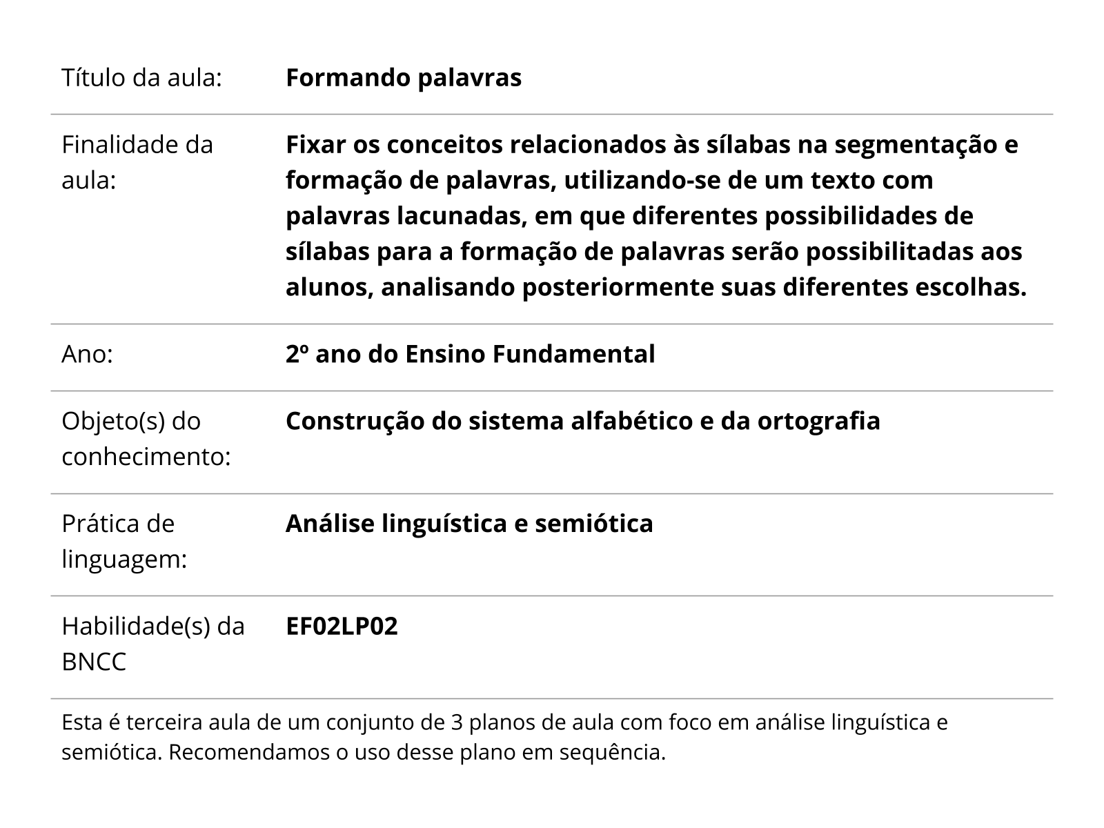 Plano de aula - 2º ano - Formando palavras