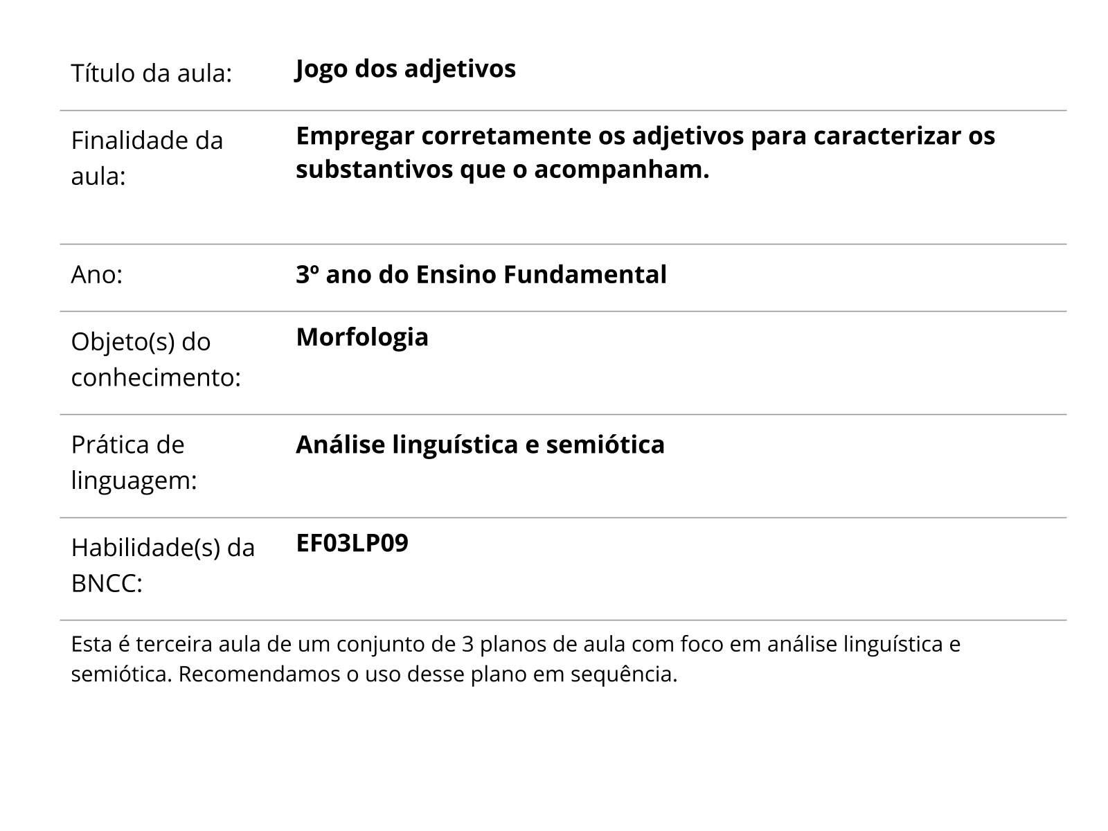 Jogo dos adjetivos - Planos de aula - 3º ano - Língua Portuguesa.