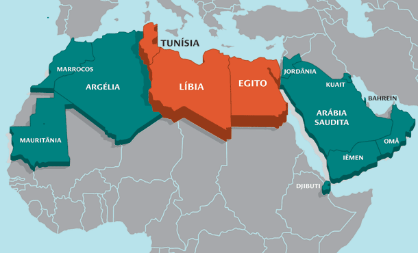 Mapa da África e do Oriente Médio: países com levantes populares